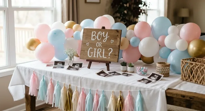 A beautiful DIY gender reveal table setup with pink and blue balloons, a wooden sign, and sonogram photos.