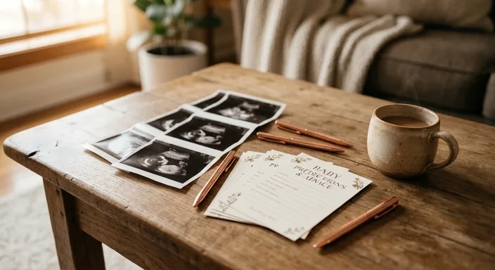 A close-up view of sonogram printouts and baby shower game cards on a wooden coffee table with a ceramic mug.