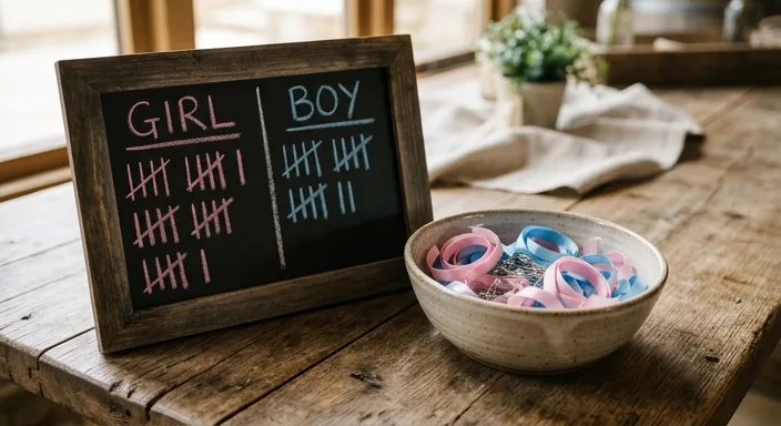 A DIY gender reveal voting station featuring pink and blue ribbons and a chalkboard on a wooden table.