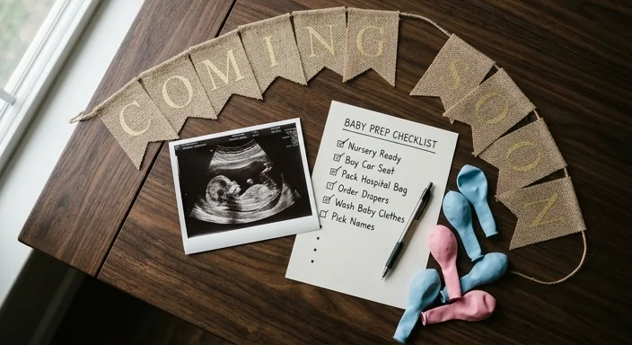 A top-down view of a baby sonogram, a party planning checklist, pastel balloons, and a gender reveal banner on a dark wood table.