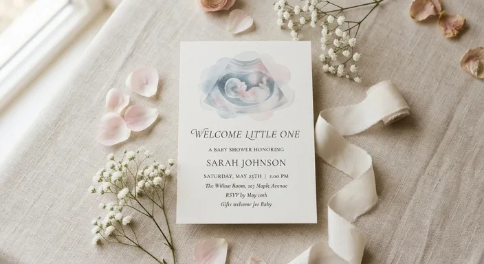 A sophisticated flat-lay of an ultrasound viewing party invitation surrounded by soft floral accents and natural light.