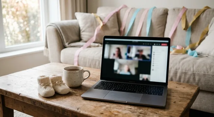 A laptop on a coffee table with baby booties and pink and blue streamers, set up for a virtual gender reveal party.