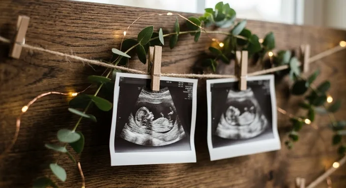 Sonogram photos hanging from twine with clothespins and fairy lights on dark wood.