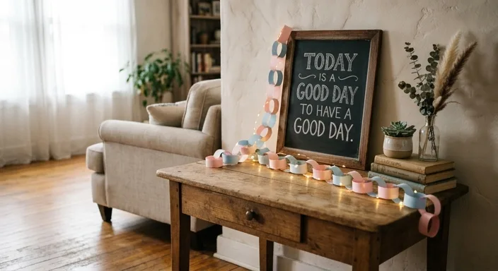 A cozy DIY gender reveal setup featuring paper chains, fairy lights, and a chalkboard on a wooden table.
