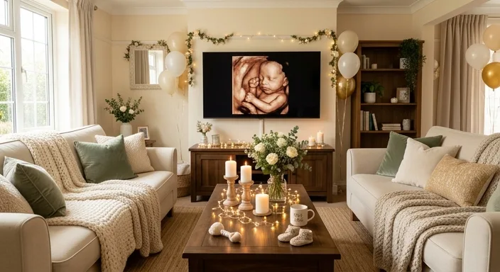 A cozy living room setup for an ultrasound party featuring a 3D sonogram on a large TV screen and soft decor.